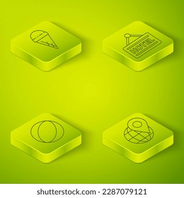Set Isometric Signboard with text Hotel, Beach ball, Location on the globe and Ice cream in waffle cone icon. Vector