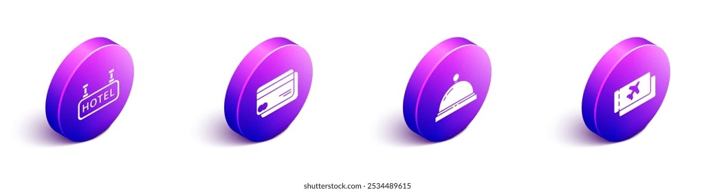 Set Isometric Signboard with text Hotel, Credit card, Hotel service bell and Airline ticket icon. Vector