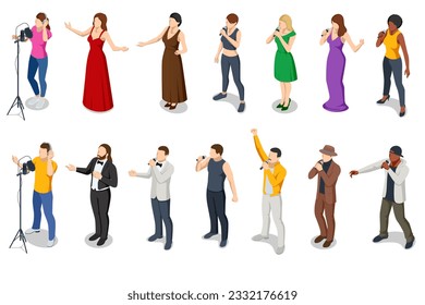 A set of isometric silhouette opera vocalists, rock stars, singer-pop, country music, and artist vocalists