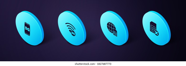 Set Isometric Sim card rejected, Globe 5G Card, network and Mobile with icon. Vector.