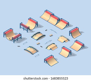 Set of isometric skate park elements. City park recreational sport environment for skateboarding skating cycling vector illustration.