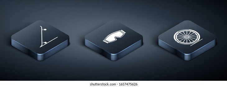 Set Isometric Skateboard, Bicycle wheel and Ski goggles icon. Vector