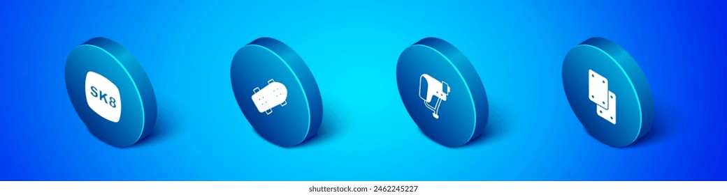 Set Isometric Skateboard, helmet, Knee pads and  icon. Vector