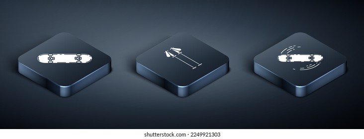 Set Isometric Skateboard trick, Skateboard trick and Ski poles icon. Vector