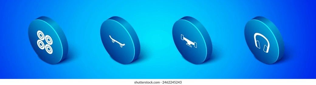 Set Isometric Skateboard wheel, , Headphones and  icon. Vector