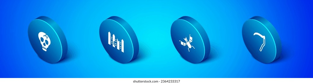 Indique el icono de madera del cráneo isométrico, murciélago volador, cisne y valla de jardín. Vector