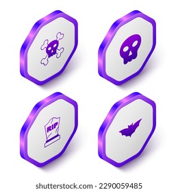 Set Isometric Skull on crossbones, Tombstone with RIP written and Flying bat icon. Purple hexagon button. Vector