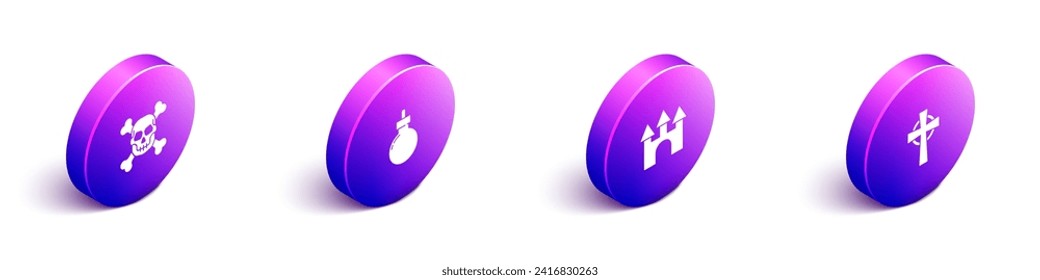 Set Isometric Skull on crossbones, Bomb ready to explode, Castle and Tombstone with icon. Vector