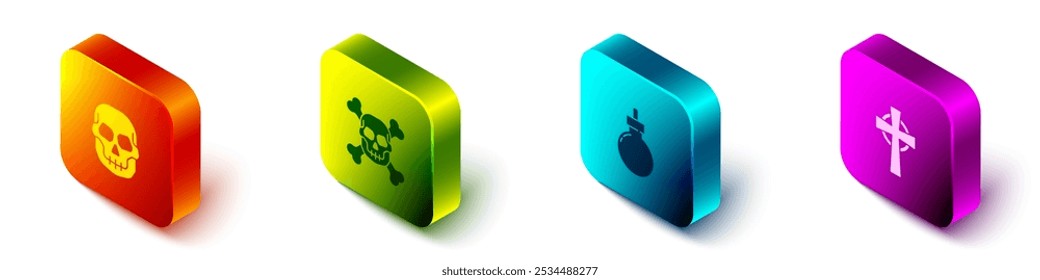 Set Isometrischer Schädel, auf Kreuzknochen, Bombe bereit zu explodieren und Tombstone mit Symbol. Vektorgrafik
