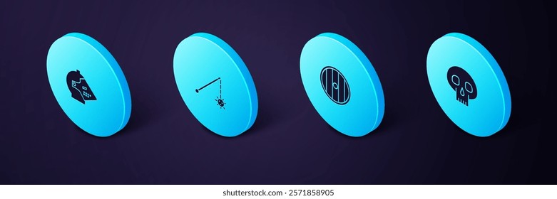 Set Isometric Skull, Round wooden shield, Medieval chained mace ball and iron helmet icon. Vector