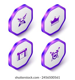Set Isometric Skull with sword, King crown, Antique treasure chest and Shield swords icon. Purple hexagon button. Vector