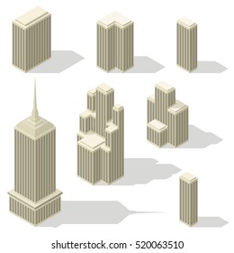 Set of isometric skyscrapers one style isolated on white background with shadow. 