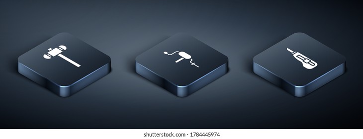 Indique el martillo isométrico, el cuchillo de estacionería y el icono de taladro de mano. Vector
