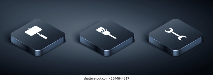 Set Isometric Sledgehammer, llave inglesa e icono de pincel de pintura. Vector