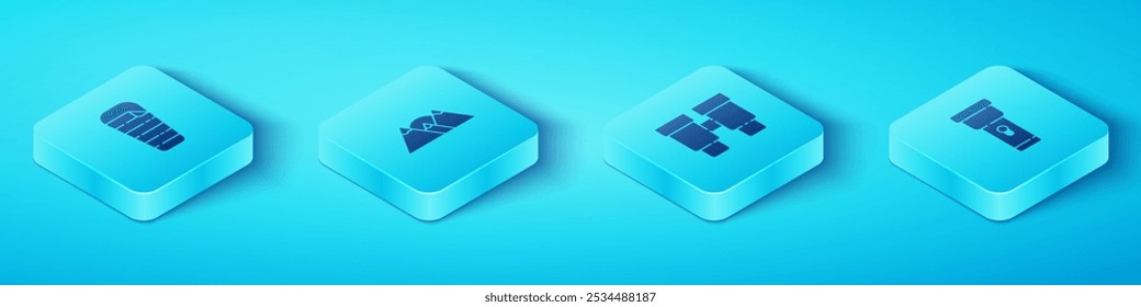Conjunto de saco de dormir isométrico, montañas, linterna e icono de binoculares. Vector