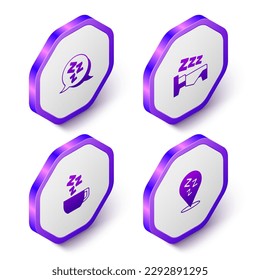 Set Isometric Sleepy, Time to sleep, Chamomile tea and  icon. Purple hexagon button. Vector
