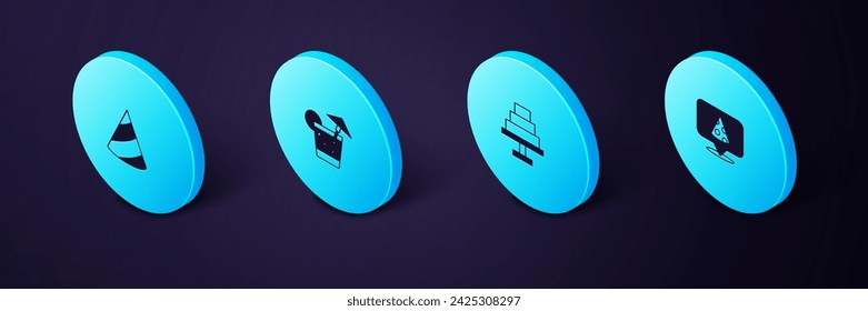 Set Isometric Slice of pizza, Cake, Cocktail and Party hat icon. Vector