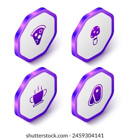 Set Isometric Slice of pizza, Fly agaric mushroom, Bowl hot soup and Steak meat icon. Purple hexagon button. Vector