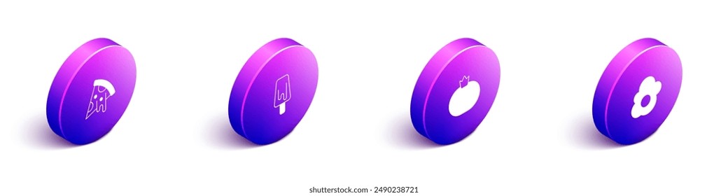 Set Isometric Slice of pizza, Ice cream, Tomato and Scrambled egg icon. Vector