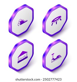 Set Isometric Slide playground, Jumping trampoline, Sandbox with sand and Bumper car icon. Purple hexagon button. Vector