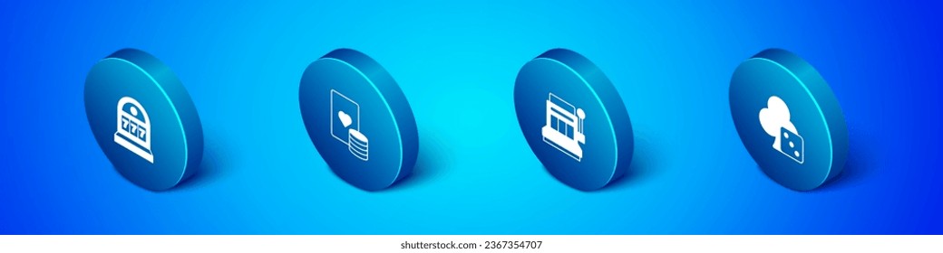 Set Isometric Slot machine with jackpot, , Game dice and Casino chip and playing cards icon. Vector