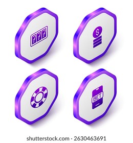 Set Isometric Slot machine with jackpot, dólar chip Casino, fichas e ícone de apostas esportivas online. Botão hexágono roxo. Vetor
