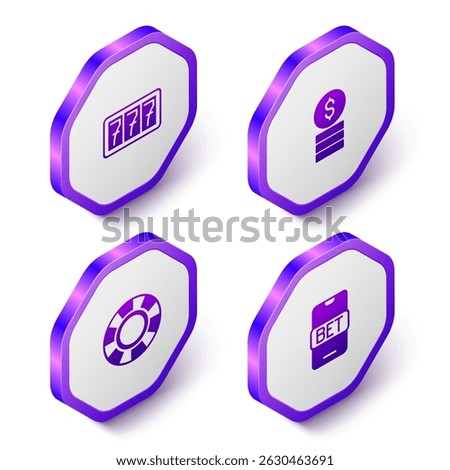 Set Isometric Slot machine with jackpot, Casino chip dollar, chips and Online sports betting icon. Purple hexagon button. Vector