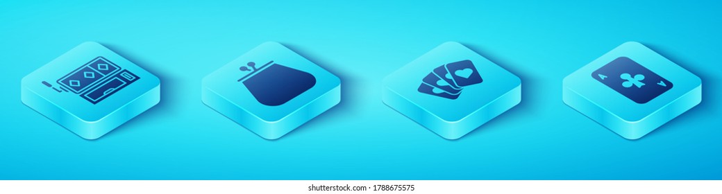 Set Isometric Slot machine, Wallet, Playing card with clubs and Deck of playing cards icon. Vector