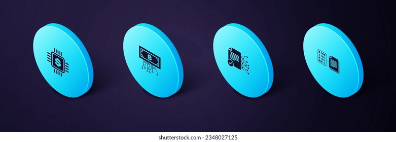 Set Isometric Smart contract, , Cryptocurrency bitcoin with circuit and Processor chip dollar icon. Vector