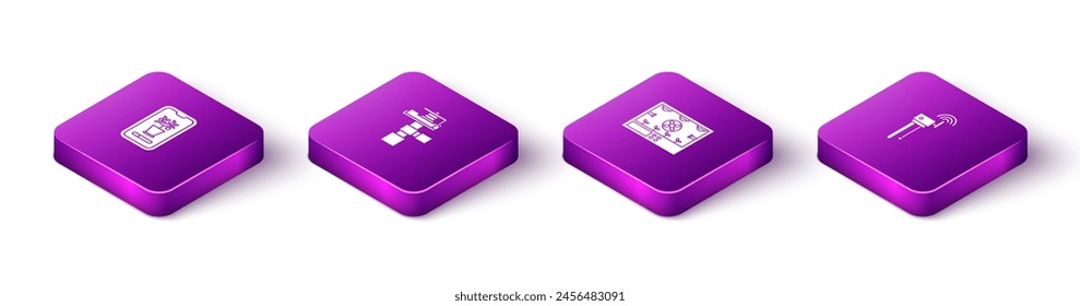 Set Isometric Smart control farming system, Automatic irrigation sprinklers, technology and Router and wi-fi signal icon. Vector
