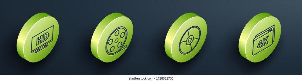 Set Isometric Smart Display mit HD-Video, Film-Rollen, CD oder DVD-Disc und Online-Wiedergabe Video mit 4k Icon. Vector