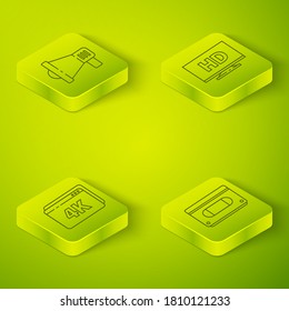 Set Isometric Smart display with HD video, Online play video with 4k, VHS video cassette tape and Megaphone icon. Vector