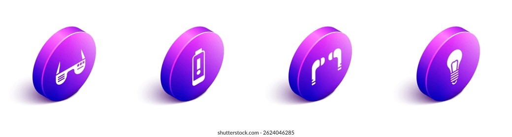 Set Isometric Smart glasses, Battery charge level indicator, Air headphones and Light bulb with concept of idea icon. Vector
