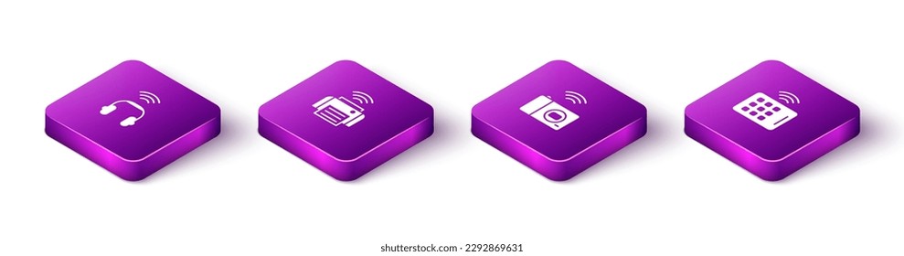 Set Isometric Smart headphones, printer, photo camera and Wireless tablet icon. Vector
