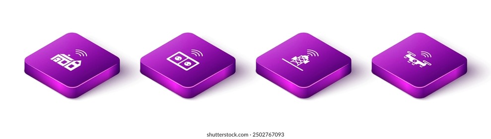 Set Isometric Smart Home mit Wireless, Steckdose, Wireless-Antenne und Drohnensymbol. Vektorgrafik