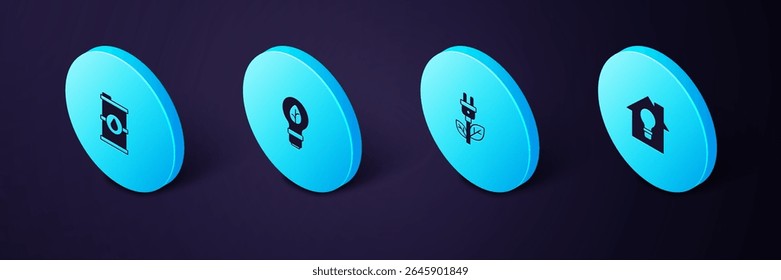 Ajuste a casa inteligente isométrica e lâmpada, Elétrica poupança plug em folha, Luz com e ícone de barril de biocombustível. Vetor