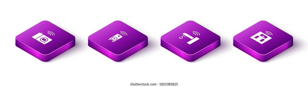 Set Isometric Smart photo camera, stereo speaker, water tap and bathroom scales icon. Vector.
