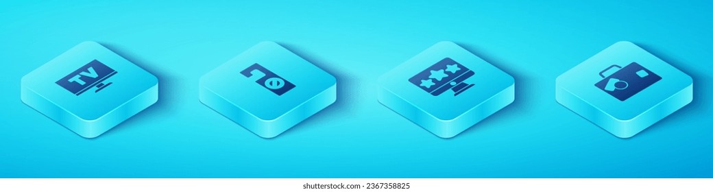 Set Isometric Smart Tv, Please do not disturb, Suitcase and Five stars rating review icon. Vector