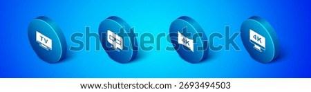 Set Isometric Smart Tv, Screen tv with 4k,  and 3D cinema glasses icon. Vector