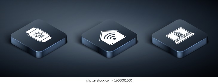 Set Isometric Smart watch with smart house and alarm, Laptop with smart home and Smart home with wi-fi icon. Vector