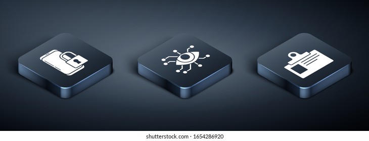 Set Isometric Smartphone with closed padlock , Identification badge and Eye scan  icon. Vector