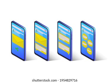conjunto de smartphones isométricos con mensajería de correo electrónico o chat