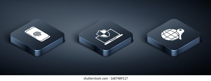 Set Isometric Smartphone with fingerprint scanner , Globe key  and Laptop protected with shield icon. Vector