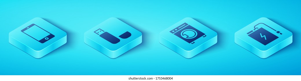 Set Isometric Smartphone, Mobile Phone, USB Flash Drive, Power Bank With Charge Cable And Washer Icon. Vector