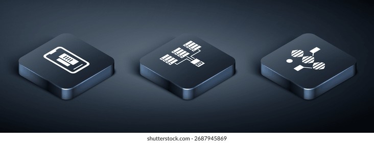 Set Isometrische Smartphone, Handy, DNA-Symbol und Server, Daten, Web-Hosting-Symbol. Vektorgrafik