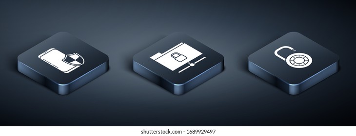 Set Isometric Smartphone with security shield , Safe combination lock wheel  and FTP folder and lock  icon. Vector