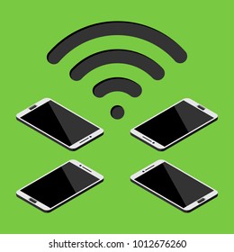 Set of isometric smartphones front side in four different positions lying down with wifi sign.