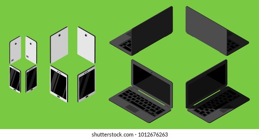 Set of isometric smartphones, tablets and laptops front and back side in four different positions.