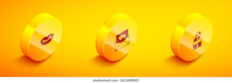 Set Isometric Smiling lips, Envelope with Valentine heart and Gift box hearts icon. Vector