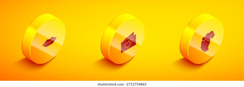 Conjunto de labios sonrientes isométricos, tarjeta de felicitación y cabeza con icono de corazón. Vector